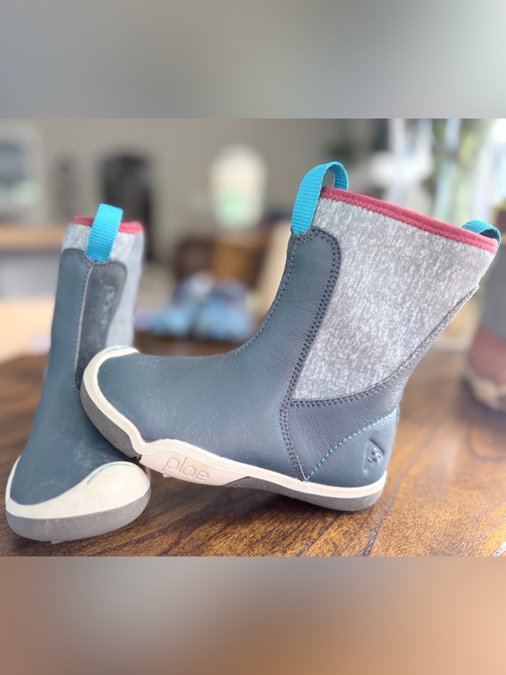 PLAE Kids Navy Leather Pull-On Boots with Gray Knit and Teal Tabs